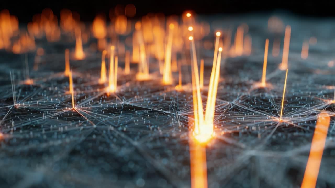 Digital landscape of a complex web with glowing orange particles rising from nodes, illustrating data transfer, neural network activity, or fiber optic communication with shallow depth of field