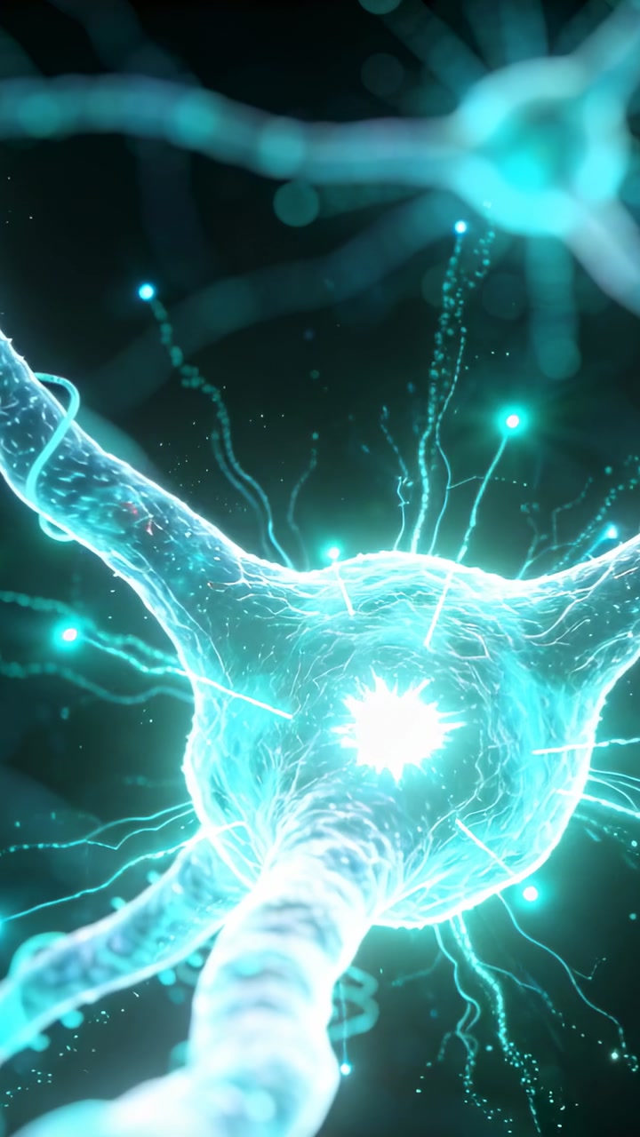 Vertical video: Bursting soma sending pulses along axon and dendrite, signaling across neural field