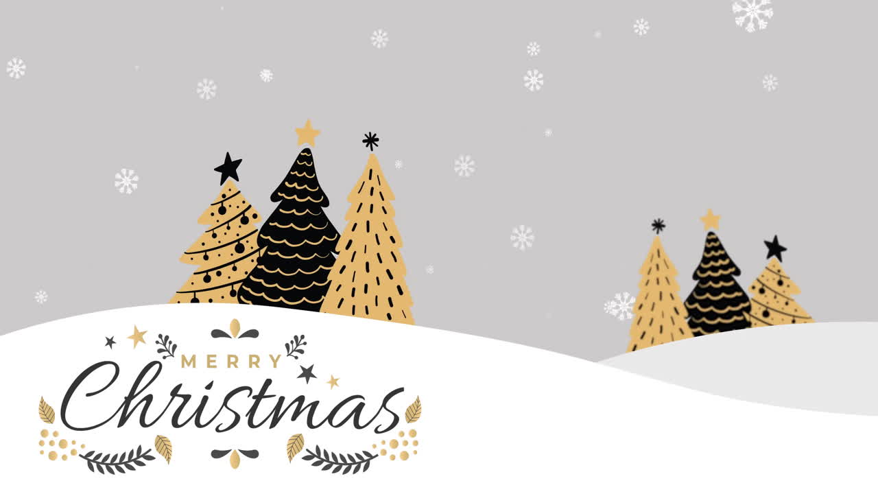 메리 크리스마스 텍스트의 애니메이션, 겨울 풍경에 눈이 내리는