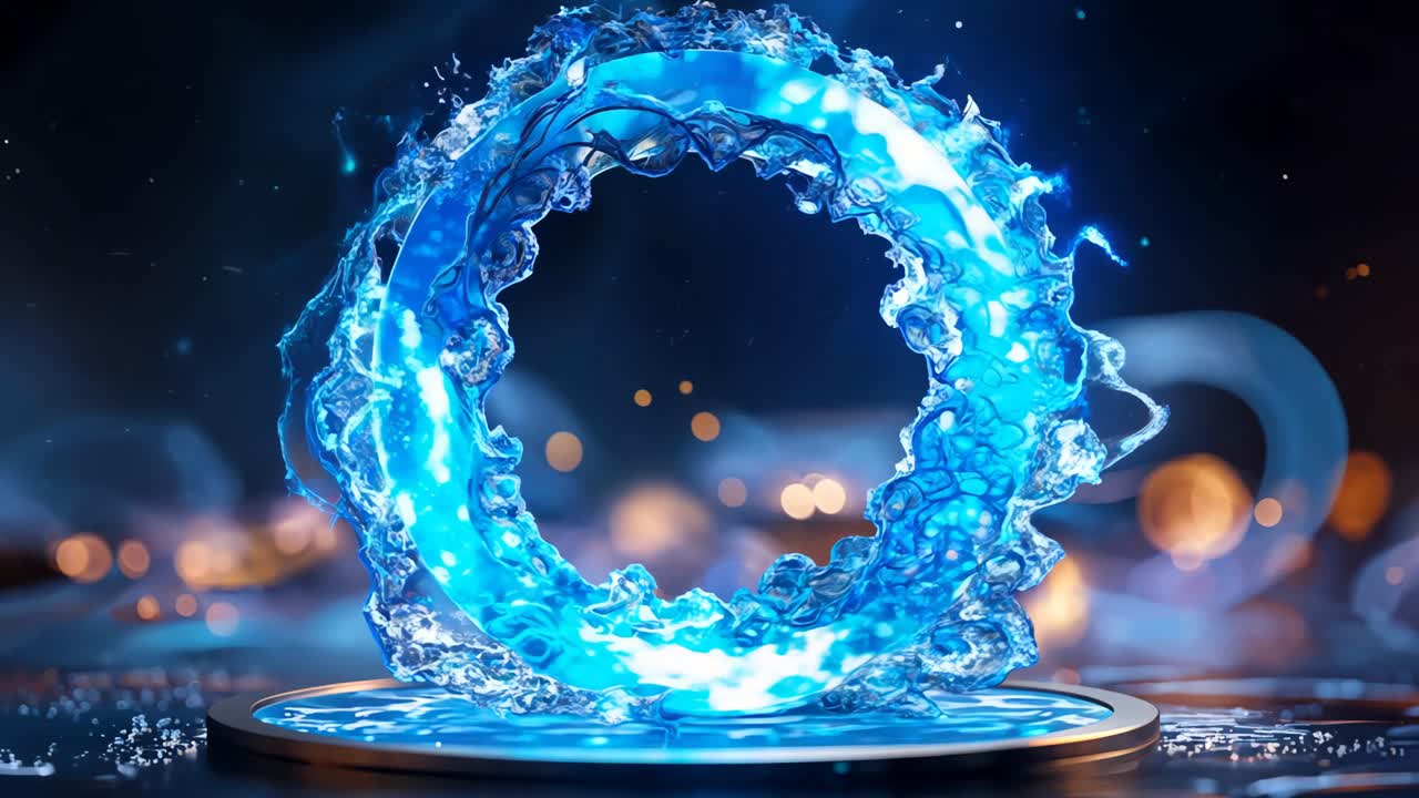 A blue circle with water flowing out of it. The water is illuminated and the circle is surrounded by rocks