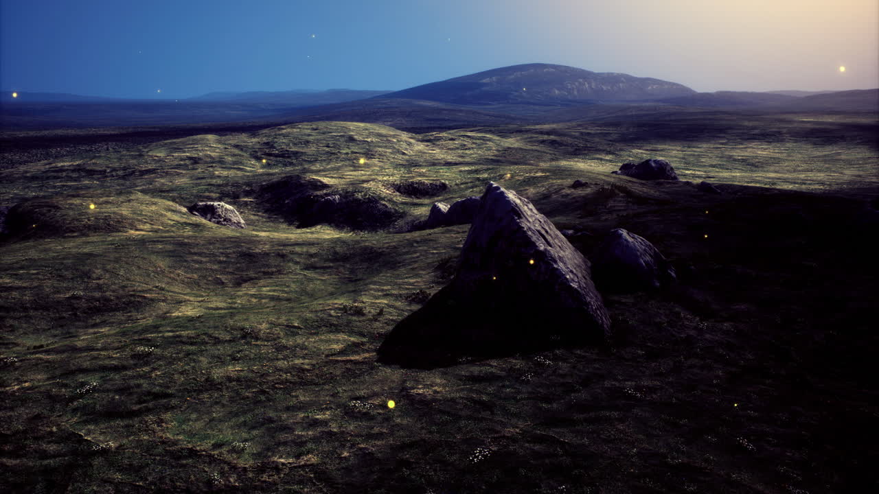 Mystical landscape under a twilight sky illuminated by distant stars