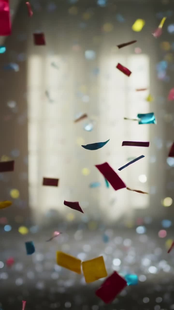Vertical video: Bursting colorful confetti pieces drifting past tall window, forming sparkle field