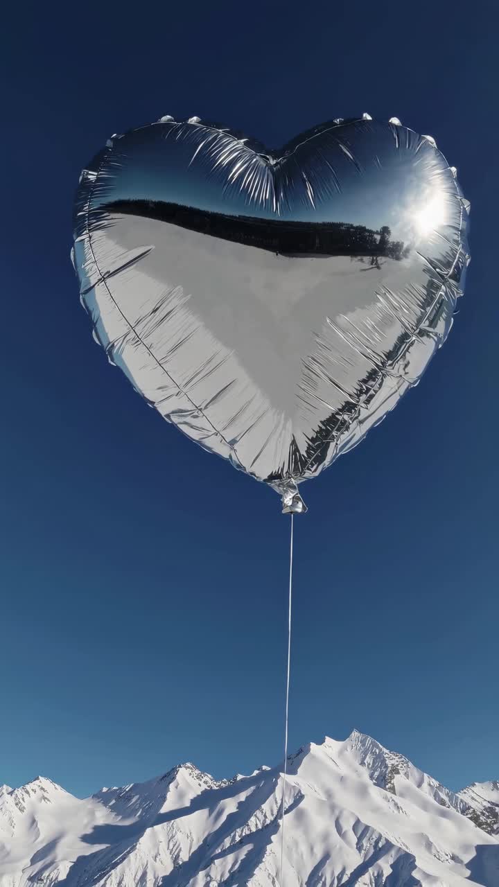 A heart-shaped silver balloon floats against a clear blue sky over snowy mountains