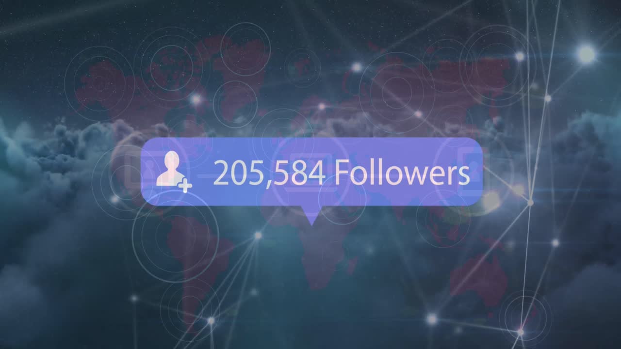 Animation of number of followers increasing over connecting the dots, circles against clouds