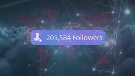 animation of number of followers increasing over connecting the dots, circles against clouds