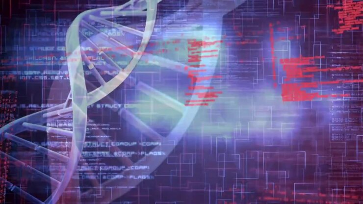 Animation of dna chain over caucasian woman blue background
