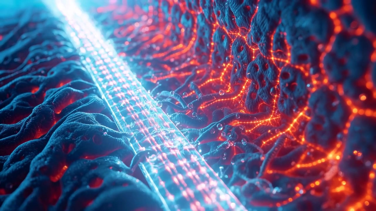 Sending cyan conduit routing pulses along macro surface with packets rising, syncing red network