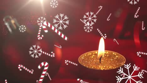 animation of snow falling ovr merry christmas text and christmas candle