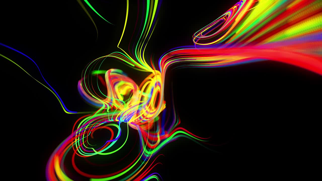 el flujo de fondo abstracto de las líneas de brillo. las partículas de luces en funcionamiento se forman en el espacio 3d brillando hermosas líneas curvas como una bola de cables quemándose con luz de neón. hermoso fondo creativo en bucle en 4k.