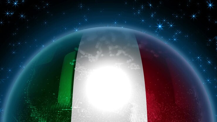 Bandiera italiana avvolta attorno al pianeta Terra. Astrazione di un globo con i contorni dei continenti
