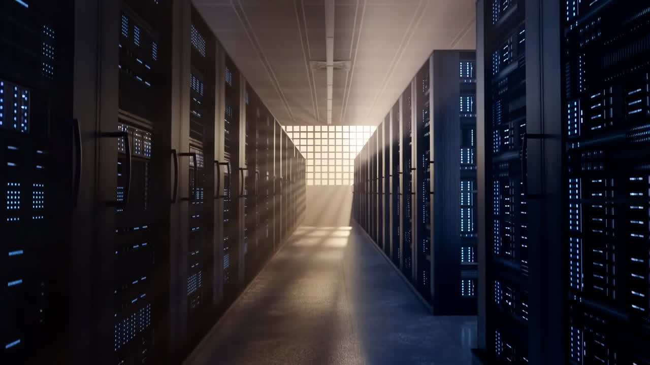 A server room with rows of computer servers