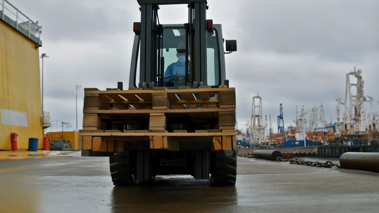 Forklift Transporting Pallets on a Wet Port Dock