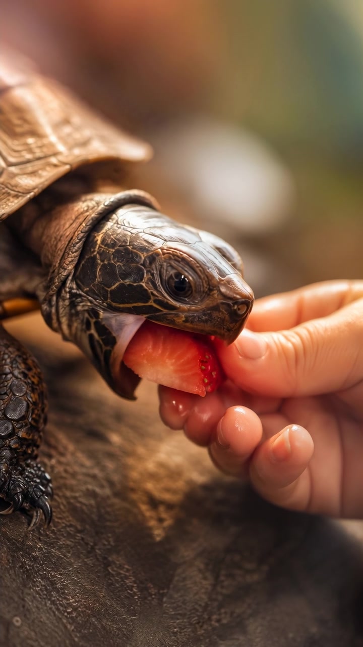 Macro scene of turtle taking bite from sliced strawberry held between human fingertips, with mouth closed around fruit, clear bite mark, wet flesh, seed texture, soft warmth, and natural outdoor tones