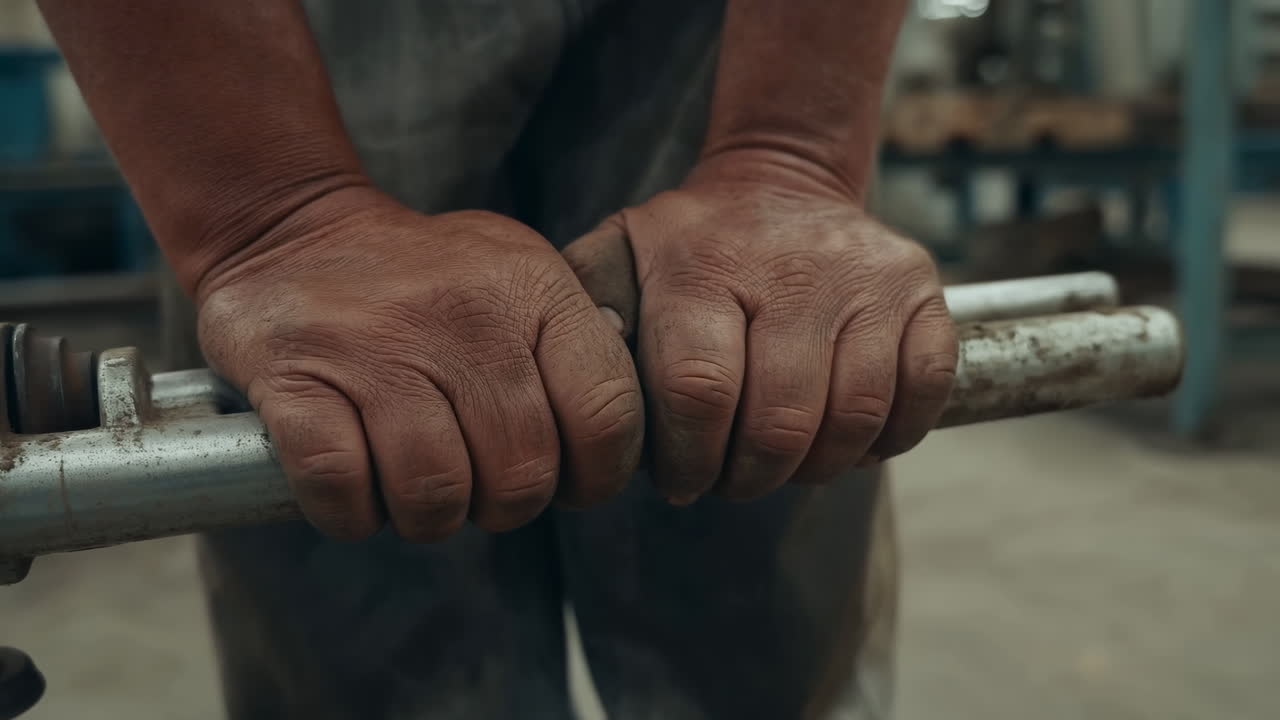Close-Up of Worker's Hands Gripping a Metal Pipe