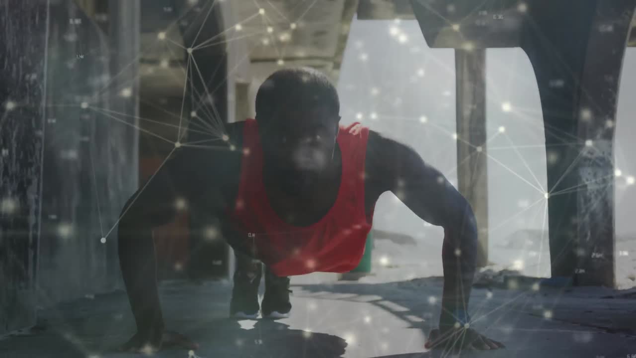 animación de la red de conexiones sobre un hombre afroamericano que hace ejercicio
