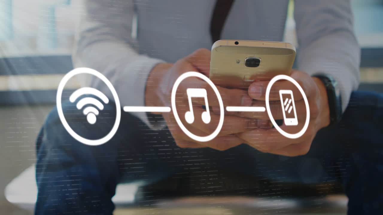 Animazione di un diagramma di flusso di icone e bagliori dell'obiettivo sul busto di un uomo caucasico che usa uno smartphone.