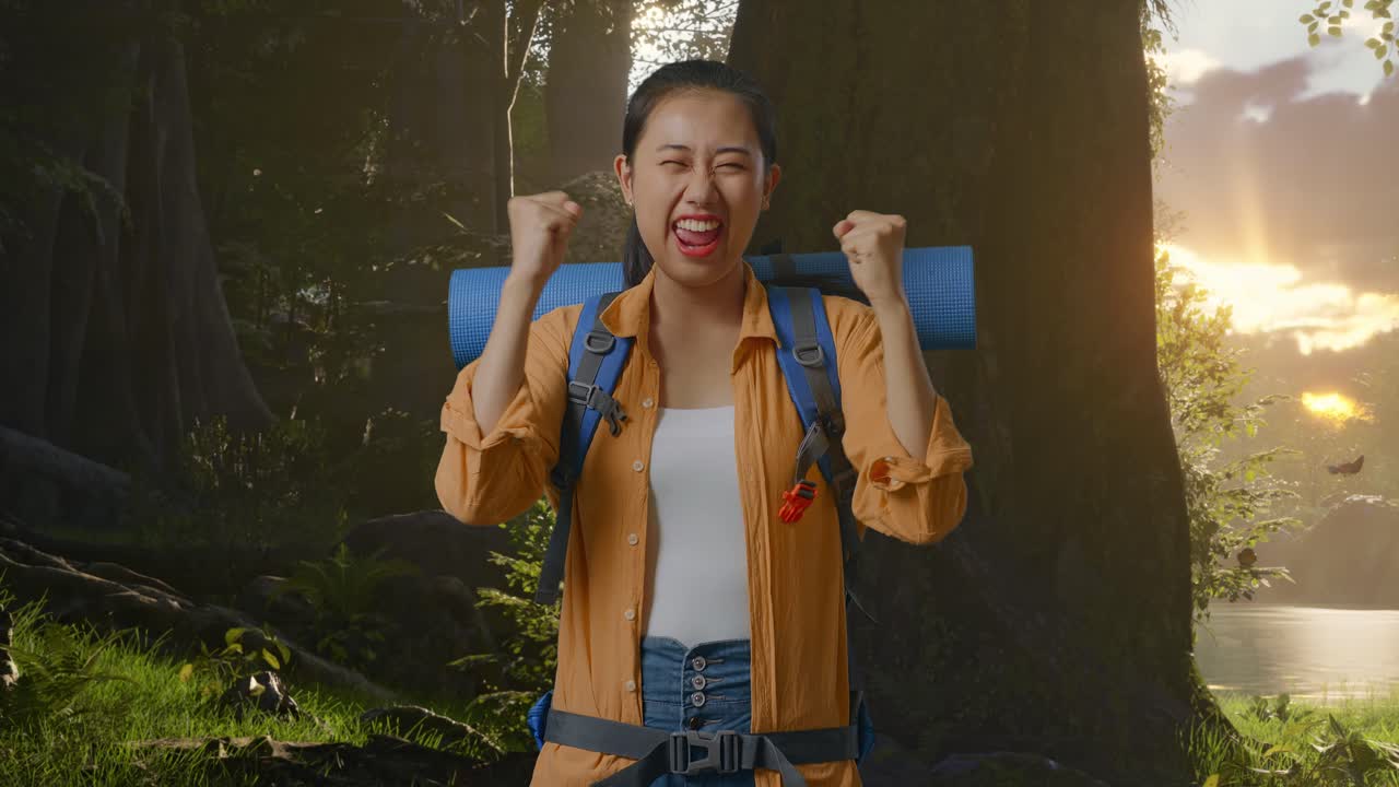 Happy Woman Hiker in Forest