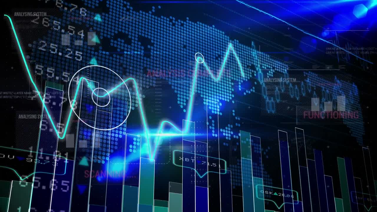 Animação de mapa-múndi com processamento de dados em fundo azul.