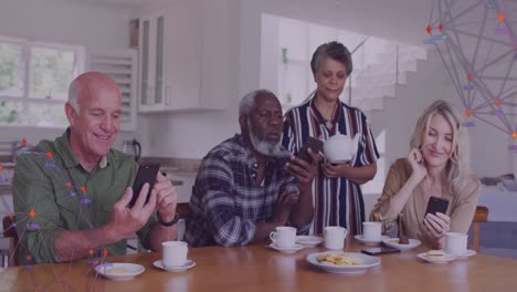 animation of data processing over diverse group of seniors talking