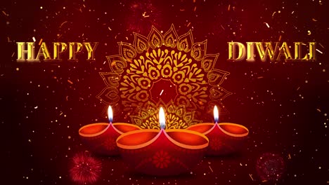 happy diwali greeting card text reveal from golden firework crackers on shiny magic particles.