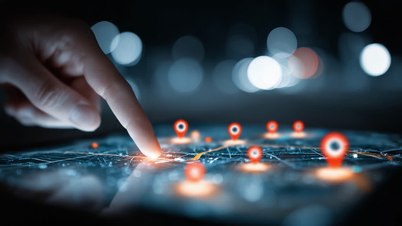 Exploring a Digital Map: A Close-Up on Navigation with a Finger Needing to Select a Location Marked by Pins Against a Soft-Focused Background