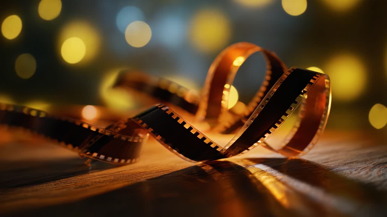 Valon ja varjon upea tanssi: vääntyneet filminauhat huokuvat nostalgiaa ja kauneutta pehmeää kullanhohtoista bokeh-taustaa vasten