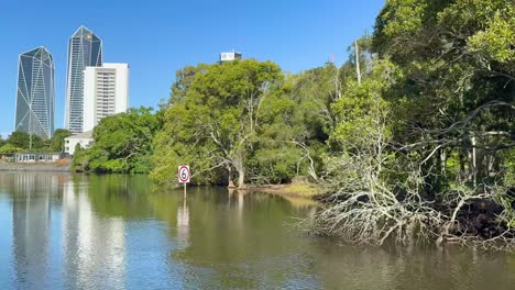 tranquil river scene with city skyline backdrop