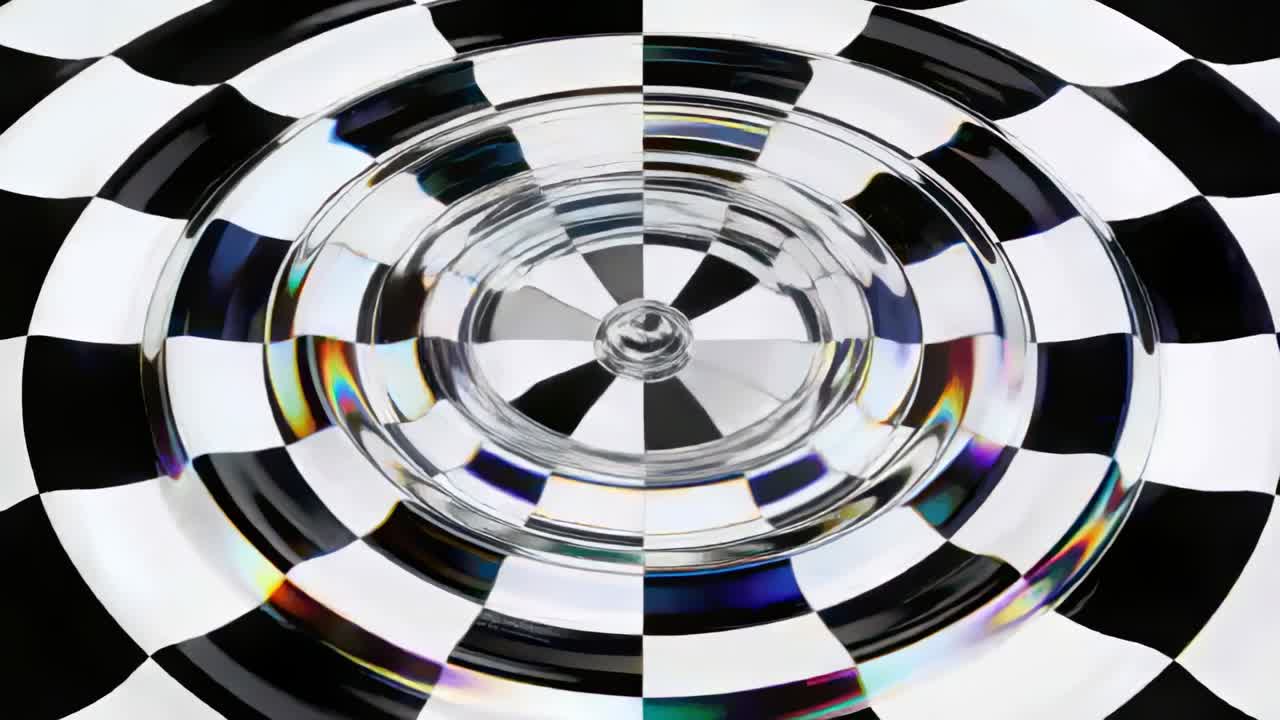 Disco de vidro anelado giratório acima de uma superfície quadriculada, mostrando cata-vento, emenda, reflexos e iridescência.