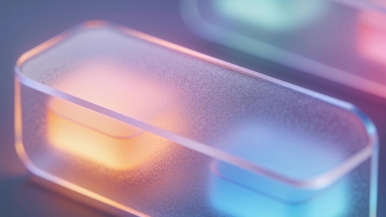 Timed lights causing frosted capsule pulsing orange blue pads on table, blurred green or pink capsul