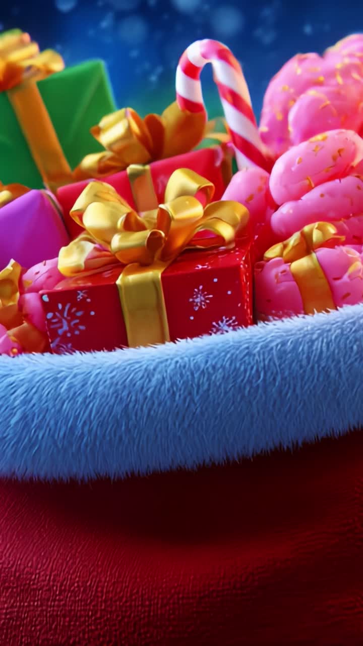 A Festive Collection of Colorful Gifts and Treats Displayed in a Cozy Christmas Stocking, Complete with Vibrant Wrappings, Bows, and Sweet Delights, Perfectly Capturing the Spirit of the Holiday Season