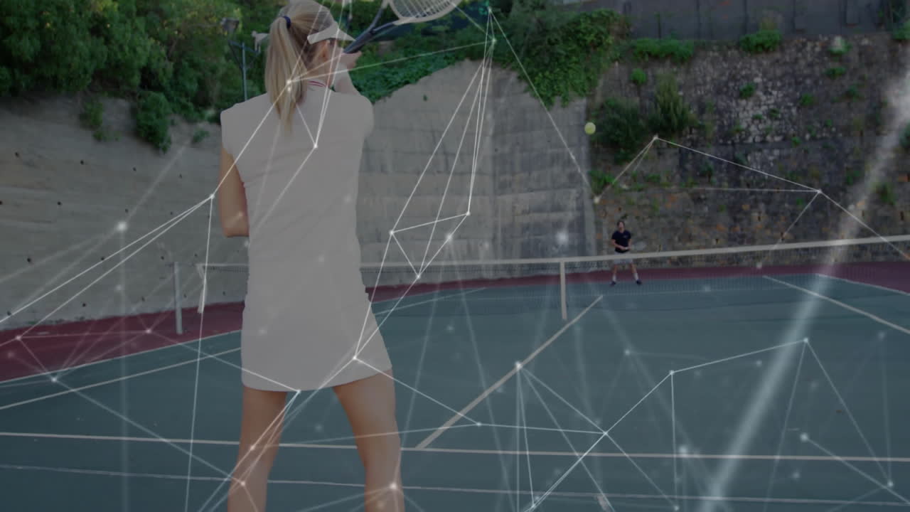 Female tennis player serving opponent outdoors showcasing racket and net with digital tech overlay