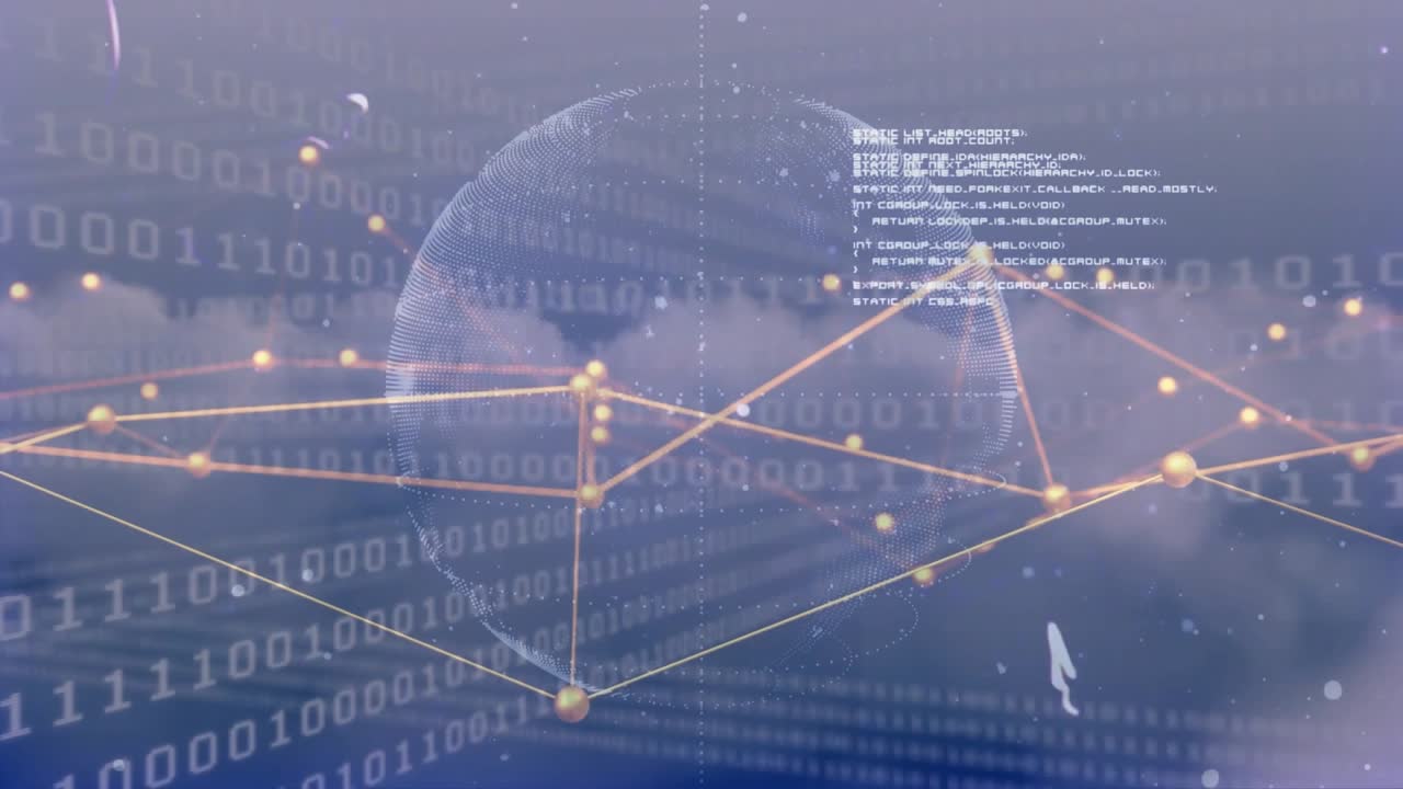 Upon starting, dotted wireframe globe rotating left while golden nodes shifting, showing data flow