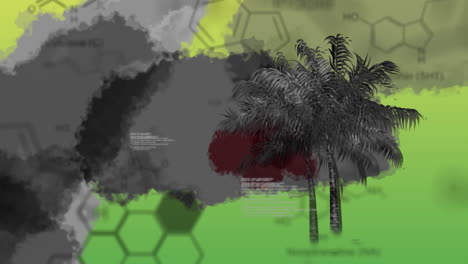 acuarela que se extiende con palmeras y estructuras químicas