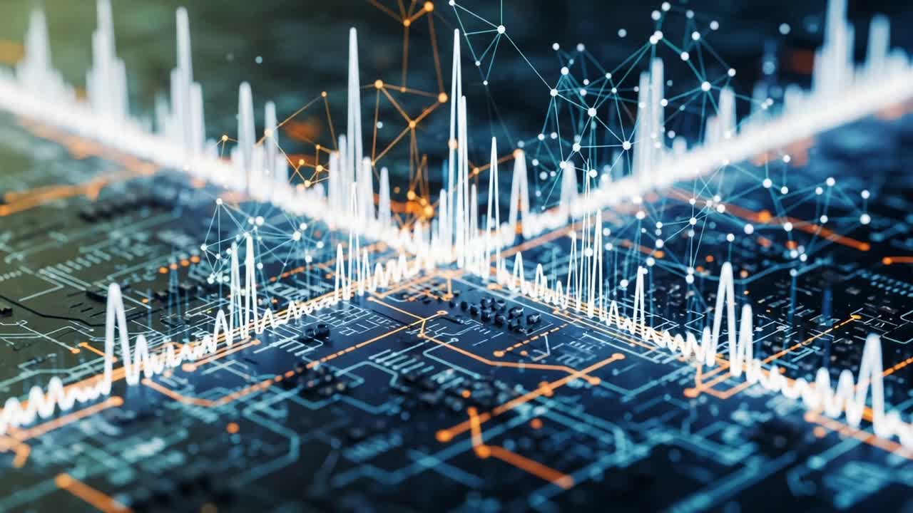 Visual Representation of Data Analytics: An Abstract View of Digital Waveforms and Circuitry, Showcasing Complex Interactions Between Signal Processing and Technology