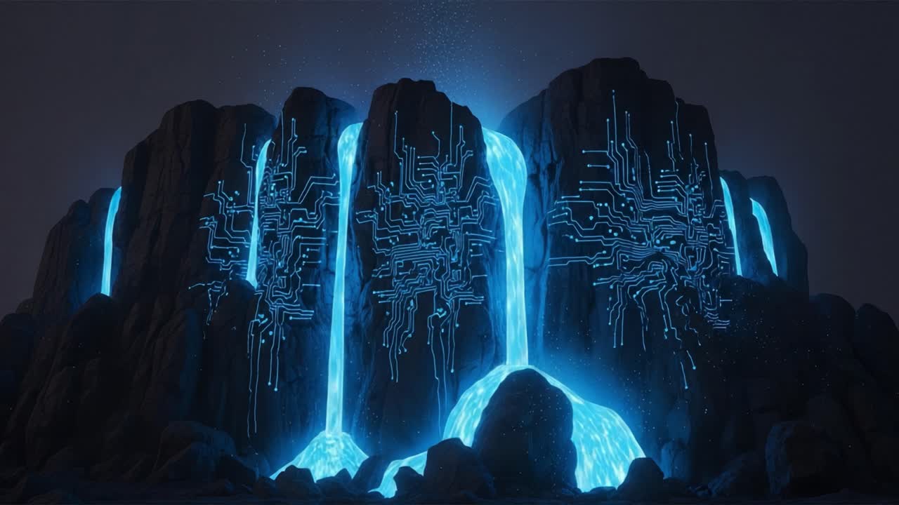 A Stunning Visual of a Futuristic Waterfall with Luminescent Circuit Patterns Flowing Over Rock Surfaces, Merging Nature and Technology in a Breathtaking Scene