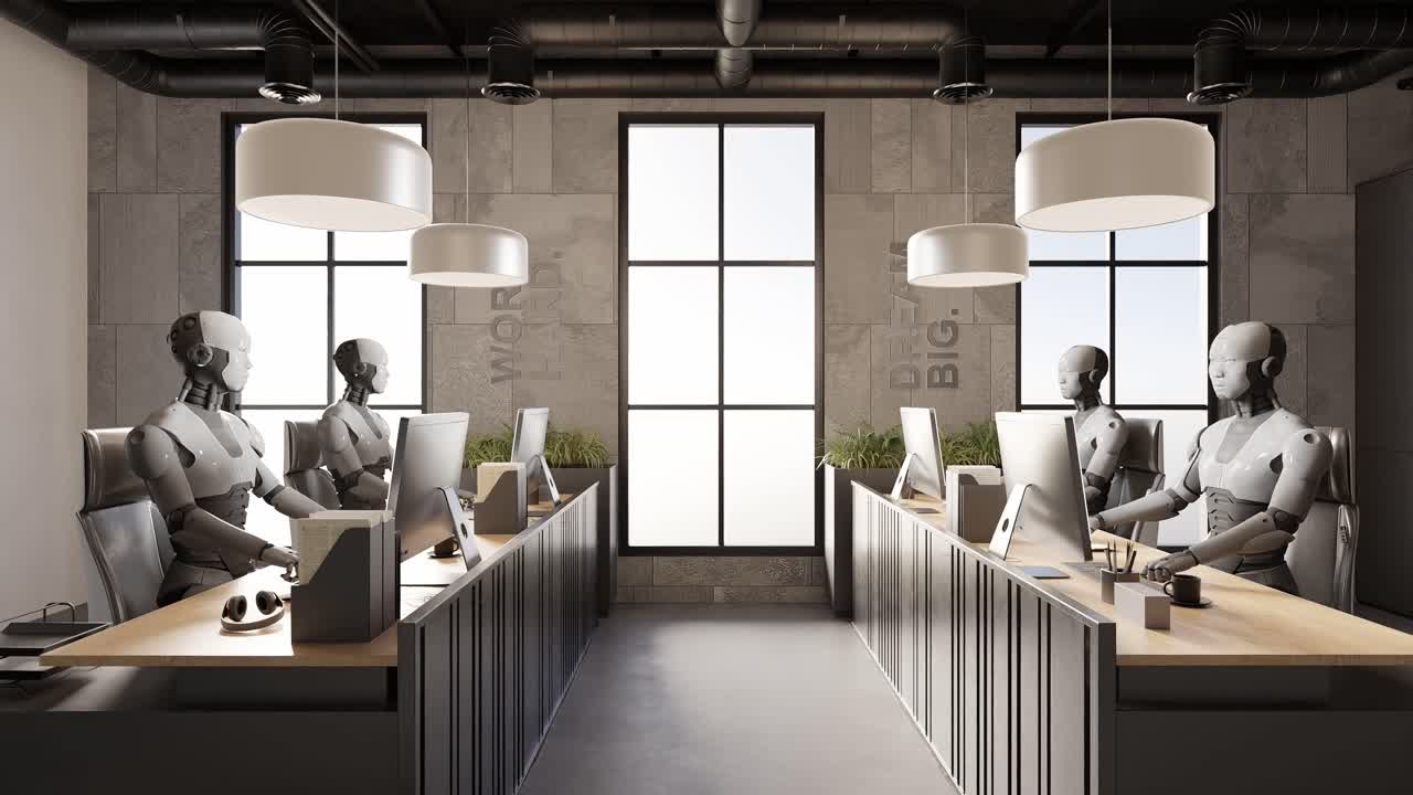 미래의 로 휴머노이드 사이버 팀이 현대적인 사무실에 앉아 3d 애니메이션을 렌더링합니다.