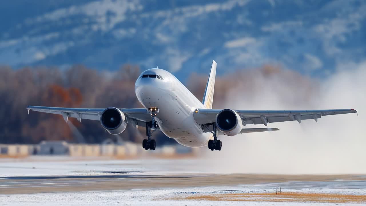 A stunning display of aviation prowess as a powerful jet gracefully takes off from a snow-covered runway, showcasing the dynamics of flight against a breathtaking mountainous backdrop