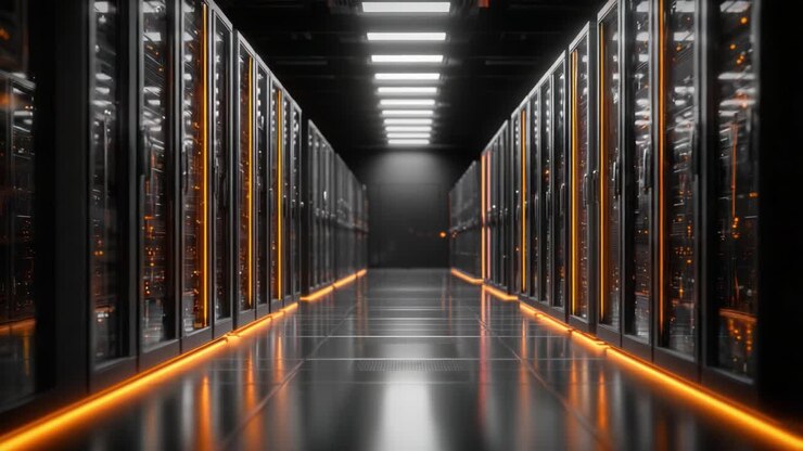 A Visual Journey Through a High-Tech Data Center: Illuminated Server Racks and a Sleek Corridor Designed for Optimal Performance and Efficiency