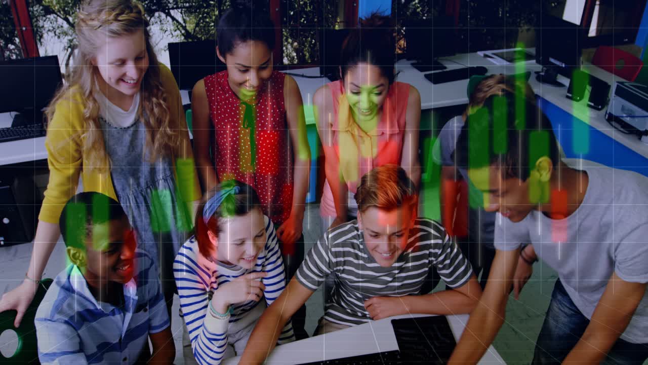 Central student typing and analyzing candlestick chart data, classmates pointing in school lab