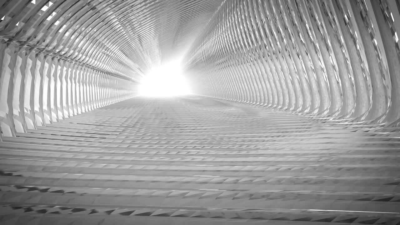 la arquitectura futurista es un túnel de ciencia ficción en 3d en un video de animación 4k blanco metálico.