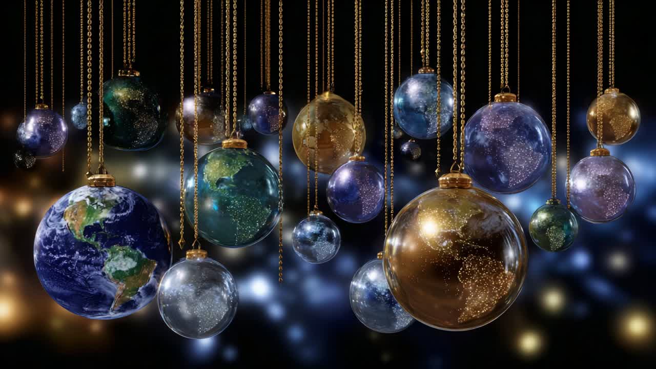 A Captivating Display of Hanging Globes Representing Earth and Its Wonders, Illuminated by a Dreamy Bokeh Background That Enhances the Beauty of Our Planet in Ornamentation