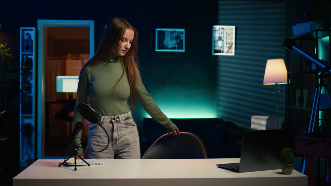 una chica alegre llegando al estudio, filmándose a sí misma discutiendo temas para los fans de la generación z