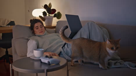 calm girl looking computer screen relaxing at night couch. woman lying at home