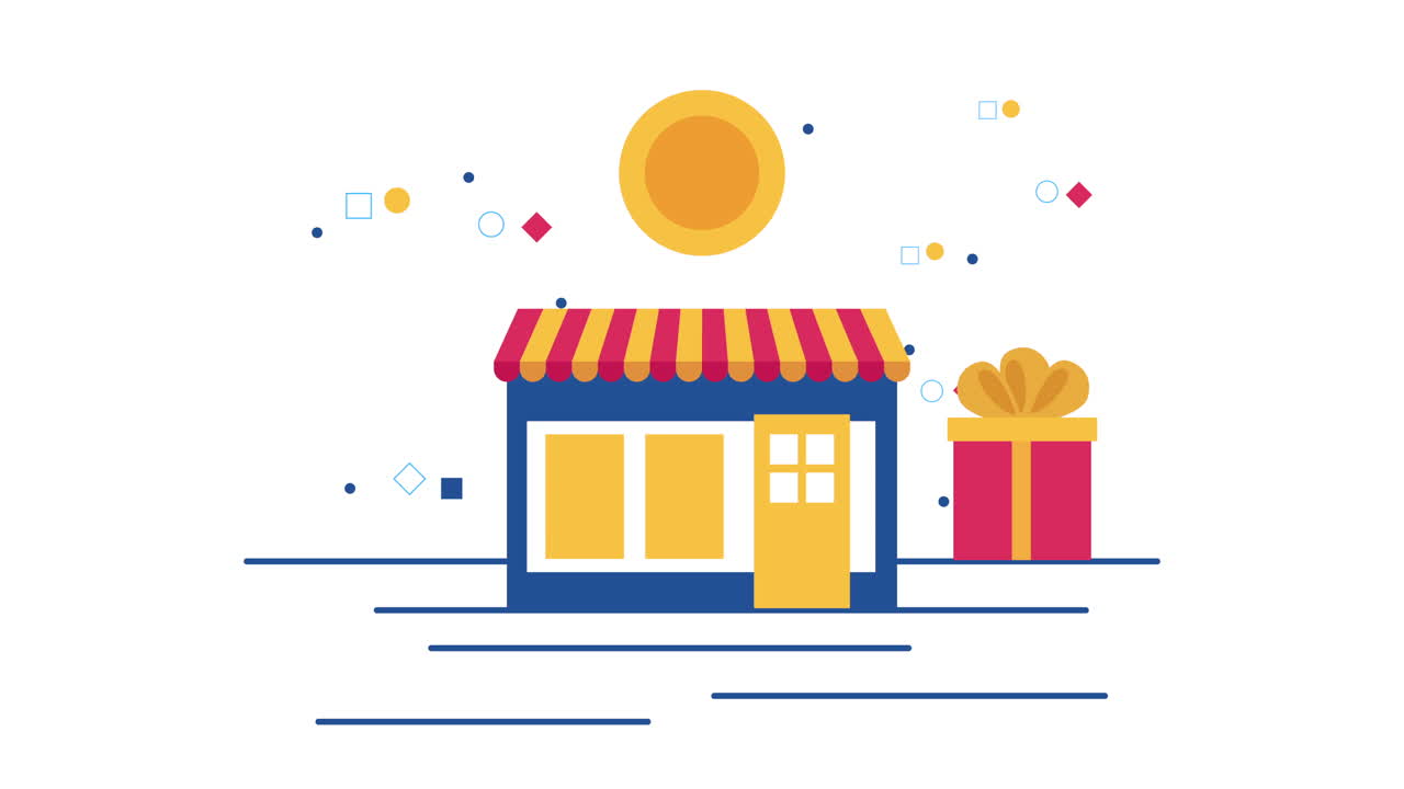 동전과 선물 상업 애니메이션을 가진 상점 건물