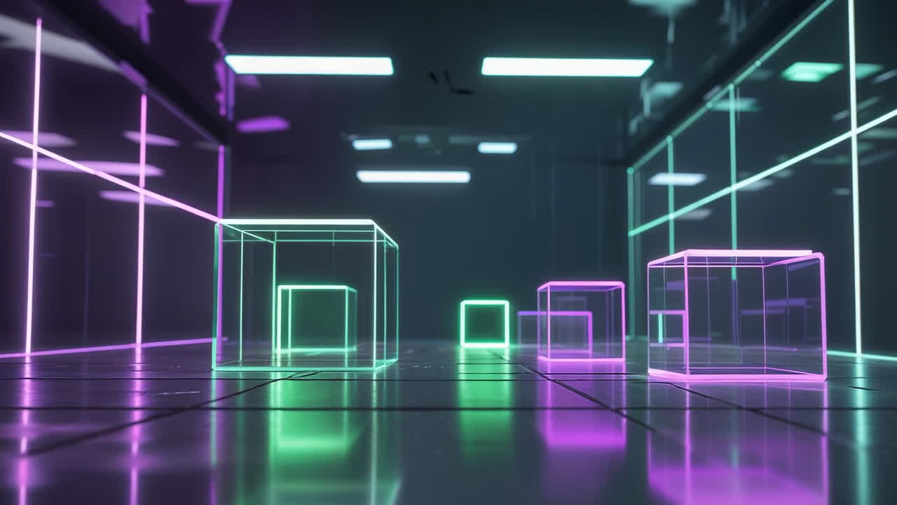 Cubi e Linee Neon Luminosi Futuristici in Spazio Digitale Astratto