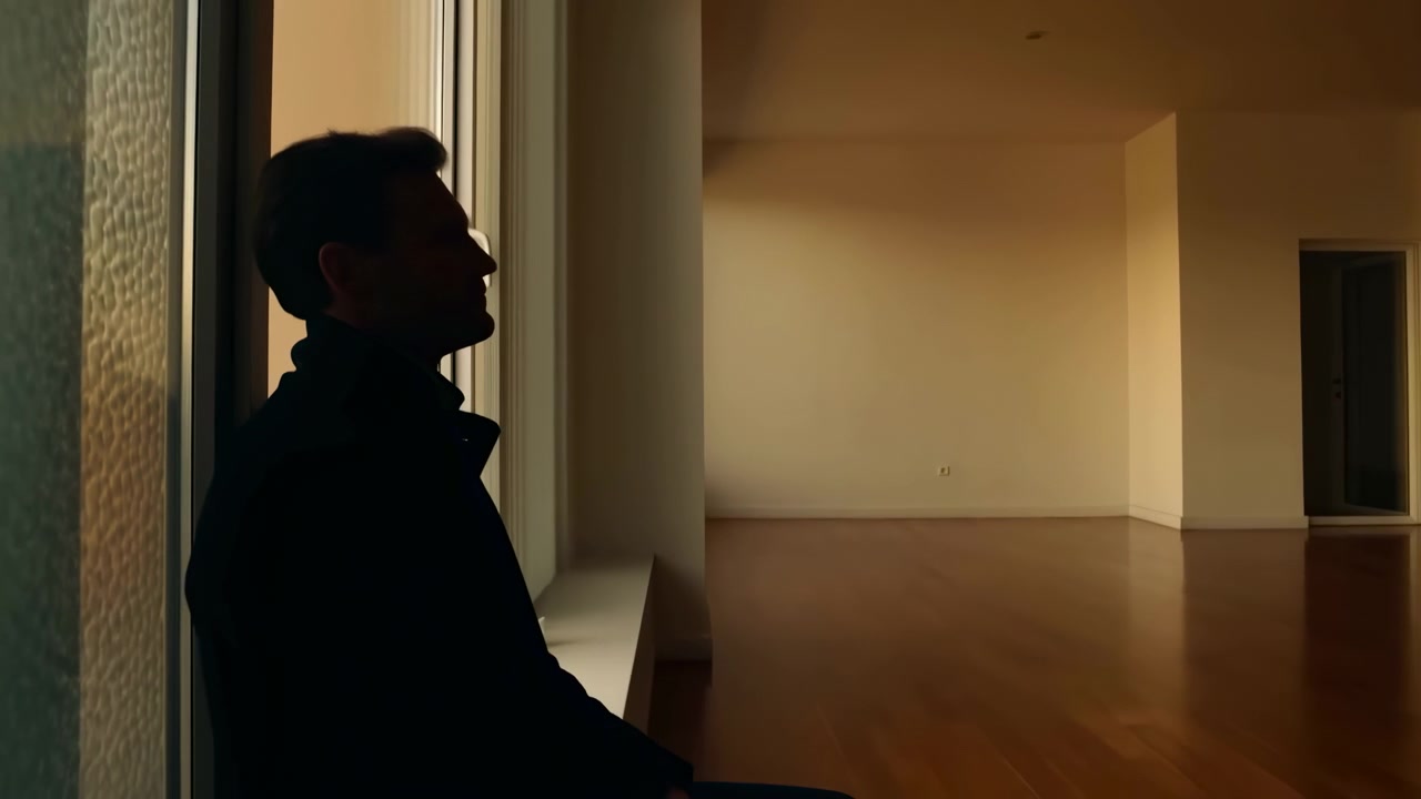Dark profile of seated man stays near window while framing gradually reveals more vacant floor and doorway, with amber daylight, long shadows, clean walls, and deep interior perspective.