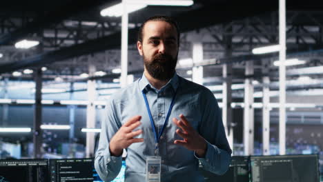 data center manager showcasing ai technology, filming presentation video