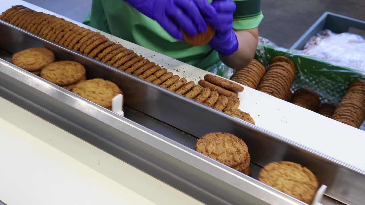 cinta transportadora en una fábrica de confitería con galletas dulces en movimiento