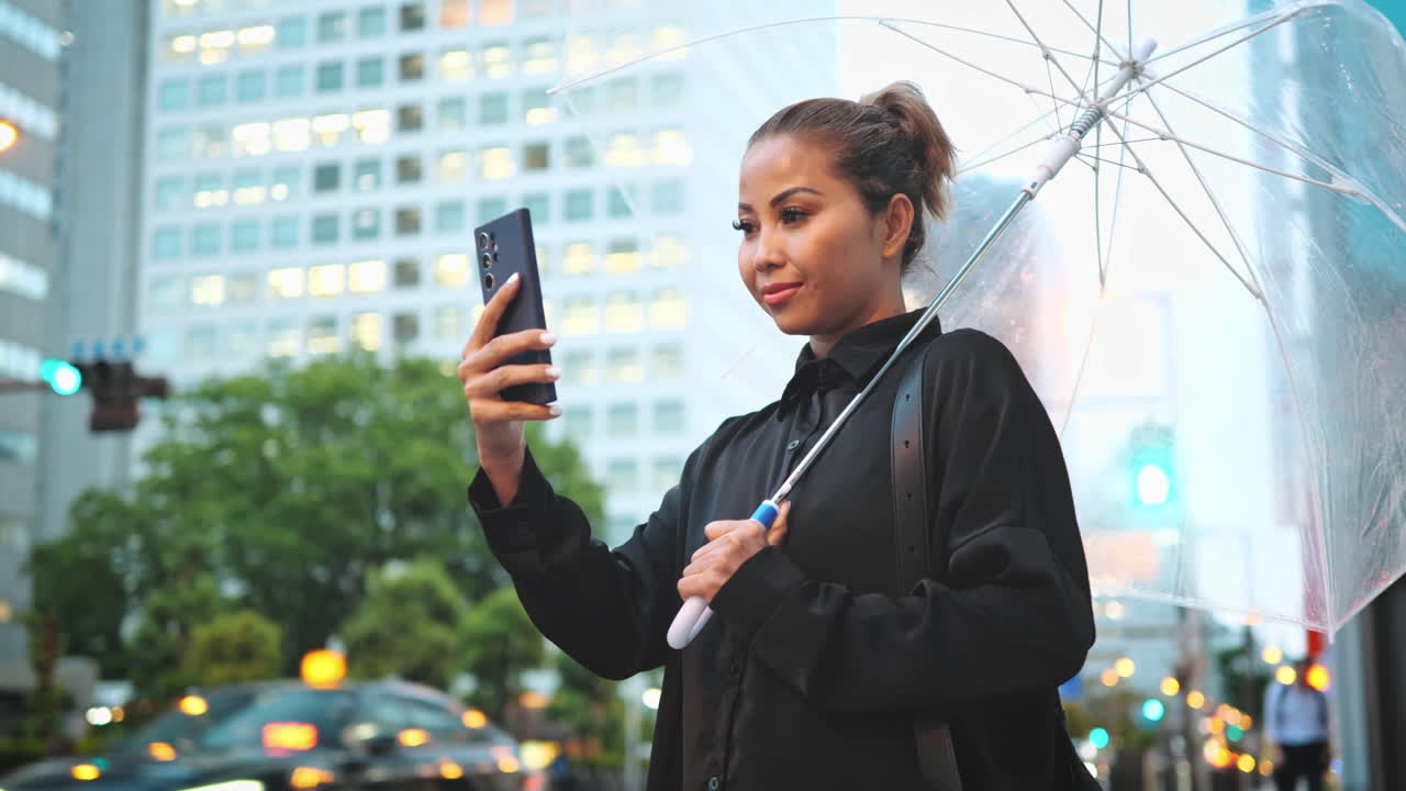 mujer de pie con un paraguas claro en la noche, usando su teléfono inteligente, con un telón de fondo de luces de la ciudad