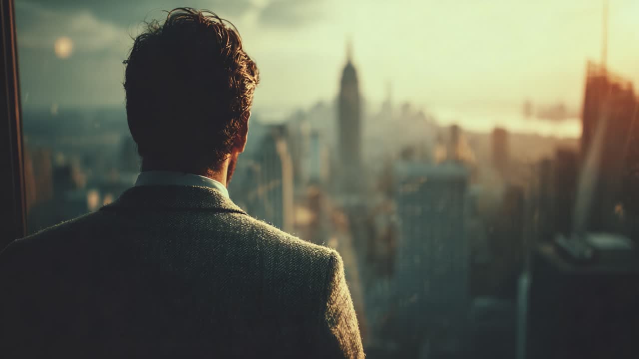 Momento di riflessione: un uomo che ammira un paesaggio urbano al tramonto da un grattacielo, contemplando vita e sogni tra architettura urbana e bellezza naturale